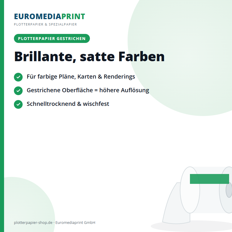 Gestrichenes Plotterpapier: brillante, satte Farben für farbige Pläne, Karten und Renderings – empfohlene Grammatur 90 g/m²